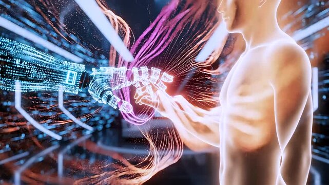 humanoid robot reaches toward human, side view in a futuristic corridor with streaming data lines, symbolic ai connection, transhuman encounter, innovation, sci-fi communication concept 