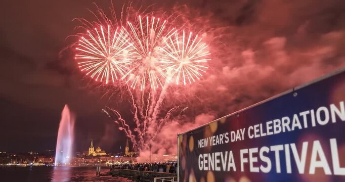 A spectacular night scene unfolds over a vibrant metropolitan area, showcasing brilliant fireworks illuminating the dark sky. Colorful pyrotechnic bursts explode overhead, casting a festive glow acros