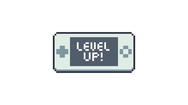 8-bit pixel art game console level up screen. looped animation 4k 30fps