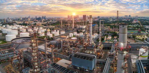 Aerial view of Oil and gas industry - refinery, Shot from drone of Oil refinery and Petrochemical plant at twilight, Bangkok, Thailand