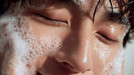 Fototapeta premium Extreme Close Up of Woman Face with Cleansing Foam Skincare Routine Hydration and Fresh Skin Concept