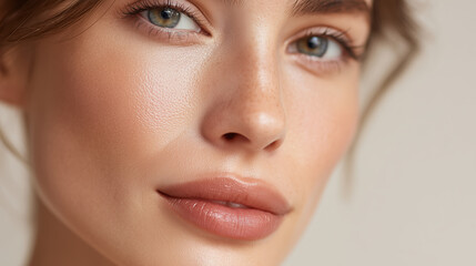Macro Close Up of Natural Female Face with Smooth Glowing Skin Beauty Skincare Concept Soft Light and Perfect Complexion