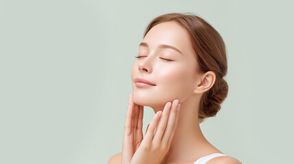 Serene Woman Touching Face with Eyes Closed Natural Skincare Beauty Portrait Soft Pastel Background Healthy Glowing Skin Concept