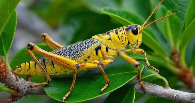 A striking, vividly colored insect, likely a grasshopper or locust species, showcases intricate patterns of bright yellow and black across its robust body, complemented by prominent segmented antennae