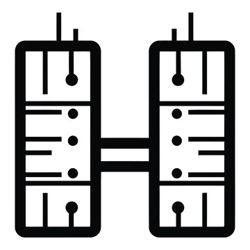 Black and white illustration of two connected server towers with sliders and lines icon