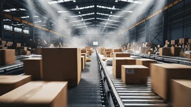 High Speed Conveyor Tracking Shot with Parcels Racing Toward Vanishing Point