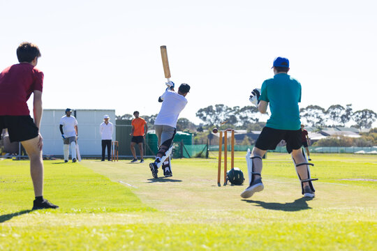 Wooden cricket bat swinging at rising red ball on grassy pitch with wicket stumps, net