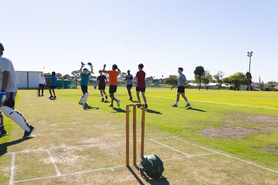 Wooden cricket stumps, dark green helmet standing upright on suburban field under clear sky
