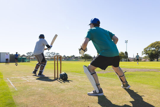 Wicket keeper crouching behind stumps and facing batsman on suburban pitch