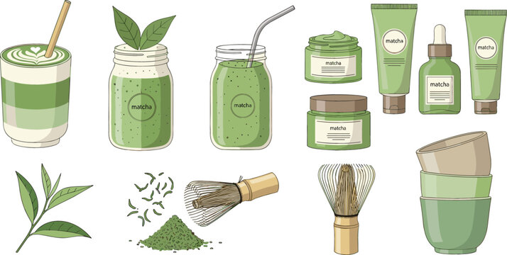 Matcha tea and skincare vector set with green tea drinks powder whisk leaves cosmetic products jars tubes and natural wellness elements illustration