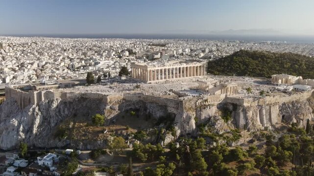 Majestic aerial view of the ancient acropolis of athens, revealing the parthenon and the cityscape
