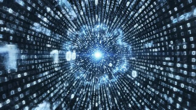 Vibrant futuristic digital binary code explosion featuring glowing blue zeros and ones radiating from a central luminous energy core, abstract technology data stream and cybernetic AI concept.