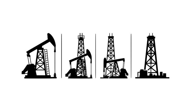 Black and white oil pump jack and drilling derrick icon grid in minimal industrial vector style