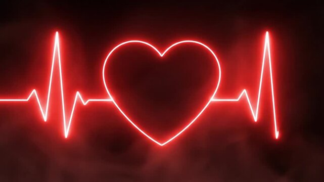 A critically ill neon red heart with a flatlining ekg on a dark background, symbolizing financial bankruptcy.