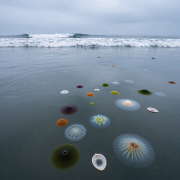 Traditional Chinese Painting Ocean Industrial. Cloudy Day Ocean Scene Showcasing Diverse Phytoplankton Populations Contributing To The Carbon Cycle Through Photosynthesis