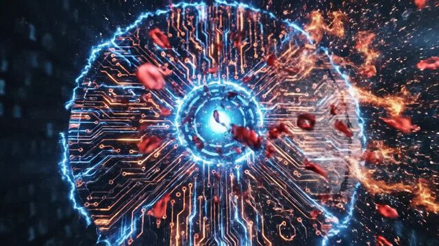 Sophisticated cyber security shield displaying luminous blue and orange circuit patterns illustrating digital protection, information safety, and modern technological defense.