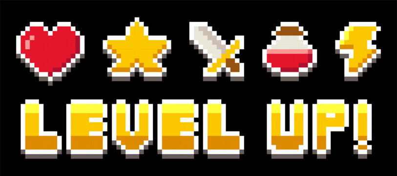 8-bit pixel art RPG game outline vector sticker set