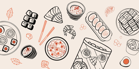 Stylized illustration of various sushi and japanese food items arranged creatively © Dayal