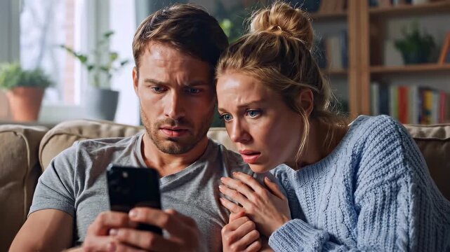 couple reacts to shocking smartphone message on sofa, worried man and woman read alarming online news at home, anxiety, surprise and digital stress in domestic life