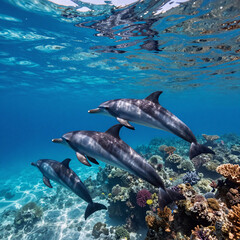 Fototapeta premium Traditional Japanese Boat Underwater. Underwater Image Showcases Three Dolphins Swimming Beneath A Dive Boat With A Visible Waterline Split