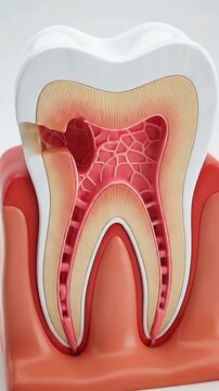 Tooth anatomy cross section decay cavity enamel dentin pulp gum medical dental anatomy cross section illustration unhealthy enamel dentin nerve damage painful infection root canal concept realistic