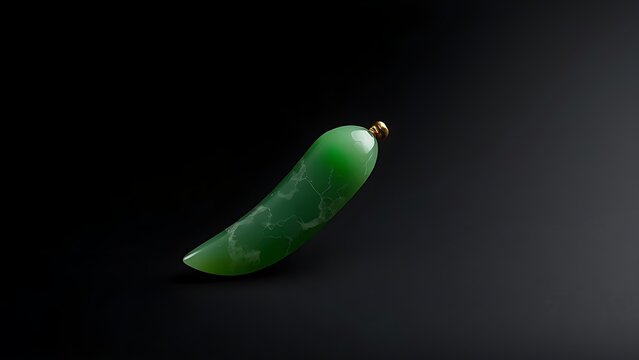 siderite. A slender green jade pendant shaped like a silique on a dark background. event programs, museum guides, designed for cultural heritage projects and event programs, used by fitness trainers.
