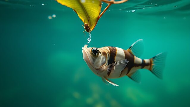 cyclotis. Archerfish aiming at an insect above the water surface. wildlife magazines, conservation campaigns, designed for nature documentaries and education, supports conservation.