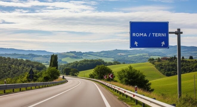 Scenic Italian Road Leading to Rome and Terni Under a Blue Sky