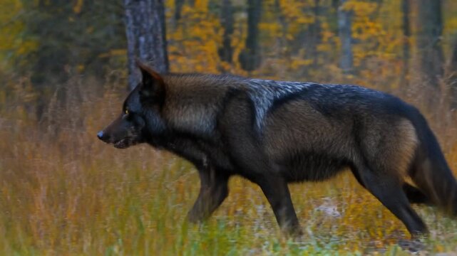 Wild Dark Wolf Walking Through Golden Autumn Forest Grass