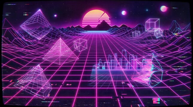 Retro 80s synthwave grids morphing VHS glitch holograms, Nostalgic futurism abstract maximal pink-purple gradients 8K vertical