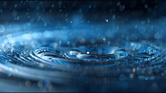 Close-up shot of water drops creating ripples on the surface, abstract blue background with bokeh effect