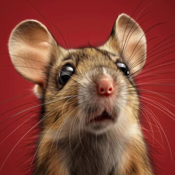 Curious mouse portrait closeup face of cute rodent pet animal with realistic fur and whisker detail on red background wildlife style digital illustration fantasy character artwork