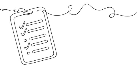 Continuous one line document list art illustration single check clipboard icon. One line checklist art survey data test pen paper business report doodle notebook agenda sketch board form office note. © Максим Зайков