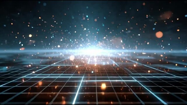 Abstract digital landscape with glowing grid and sparkling particles, representing a futuristic data network or technological frontier for innovation and growth