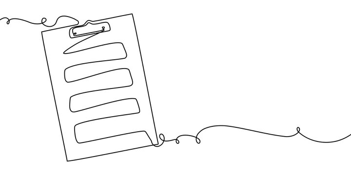 Continuous one line document list art illustration single check clipboard icon. One line checklist art survey data test pen paper business report doodle notebook agenda sketch board form office note.