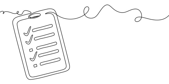 Continuous one line document list art illustration single check clipboard icon. One line checklist art survey data test pen paper business report doodle notebook agenda sketch board form office note.