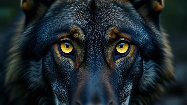 Intense Yellow Eyes of a Wild Dark Wolf Close Up Portrait