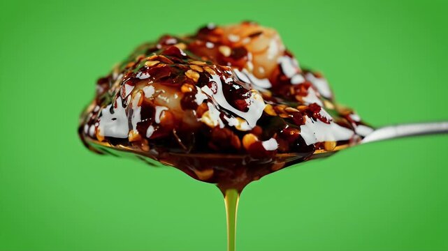 Close up of a spoon holding rich dark shito sauce with visible chili flakes against a vibrant green screen background cinematic food commercial shot