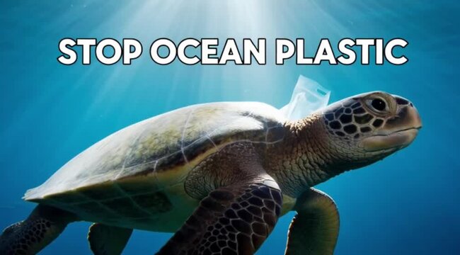 Sea turtle swims near a discarded plastic bag, highlighting the severe issue of ocean pollution.
