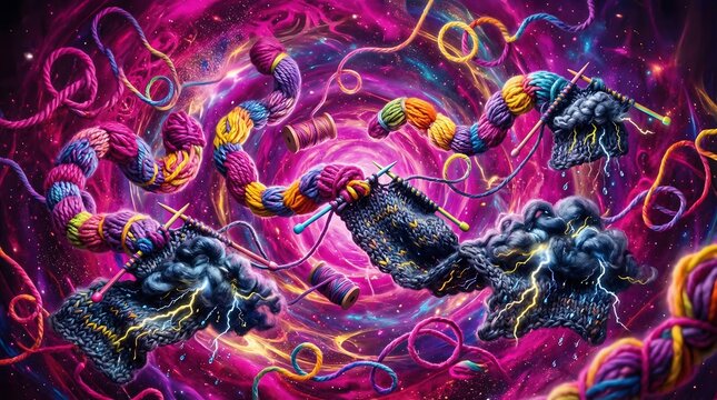 Abstract yarn worms knitting thundercloud scarves in vivid magenta vortex dreamscape, Whimsical yarn forms weaving surreal storm clouds in maximal saturation abstract fantasy

