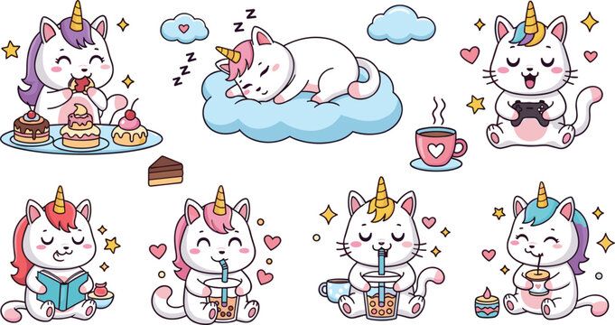 Cute unicorn cat characters vector set with coffee, desserts, sleeping and reading scenes, kawaii fantasy illustration collection