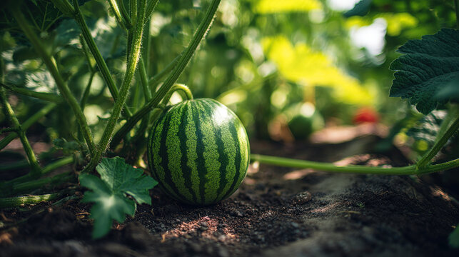 A small watermelon growing in a lush green garden with sunlight shining through