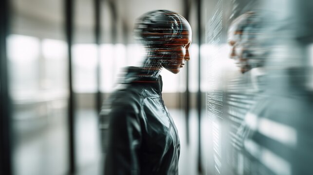 Digital Reflection: A futuristic android stands contemplatively, its form blurring with the reflective surface. It's a surreal fusion of technology and thought.