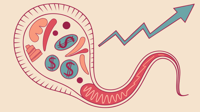 Biological diagram of a parasitic flatworm with dollar signs and a growing graph arrow