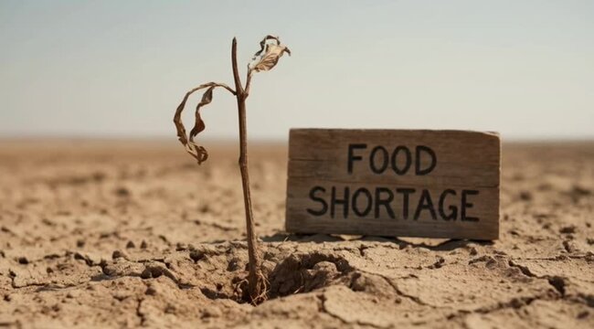 The dried plant and food shortage block starkly illustrate global climate change and famine.