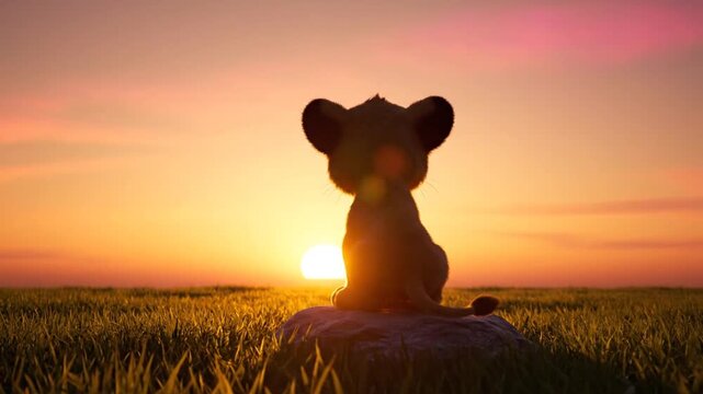 A young stylized lion cub gazing at a vibrant sunset over an expansive savanna from a low-angle perspective, an animated digital illustration.