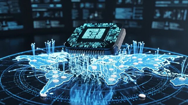 Sophisticated semiconductor processor hovering above luminous azure global map representing international artificial intelligence network and futuristic digital data connectivity infrastructure
