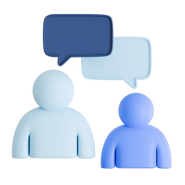 3D isometric chat and discussion icon with two characters and speech bubbles representing customer support, communication, and social networking feedback.