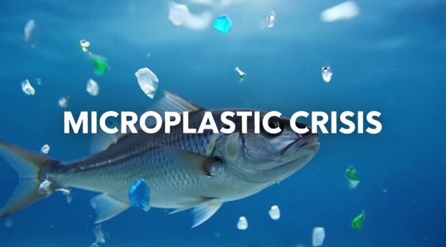 Fish swimming through clear blue ocean water tragically impacted by pervasive microplastic pollution crisis.