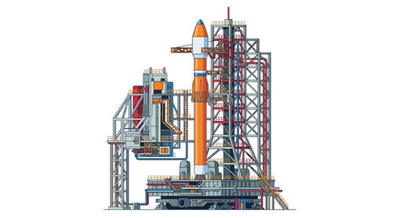 Detailed illustration of a space launch complex and rocket preparation © Sumon